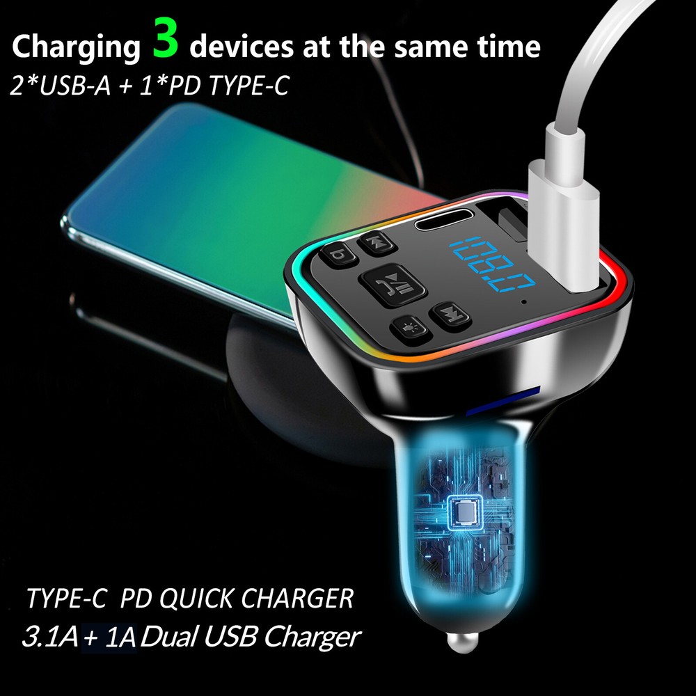 2pc Bluetooth 5.0Car Wireless FM Transmitter Adapter 2USB PD Charger Hands-Free