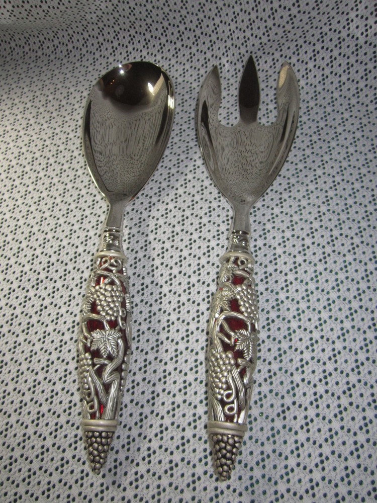 Neiman Marcus Silver Plate 2 Piece Ruby Red Handle Godinger Serving Spoon Fork