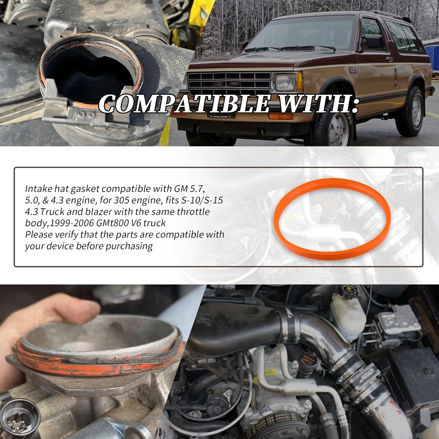 Intake Hat Gasket (Orange)Fits GM 5.7,5.0,&4.3,305 Engine S-10/S-15 4.3 15998532