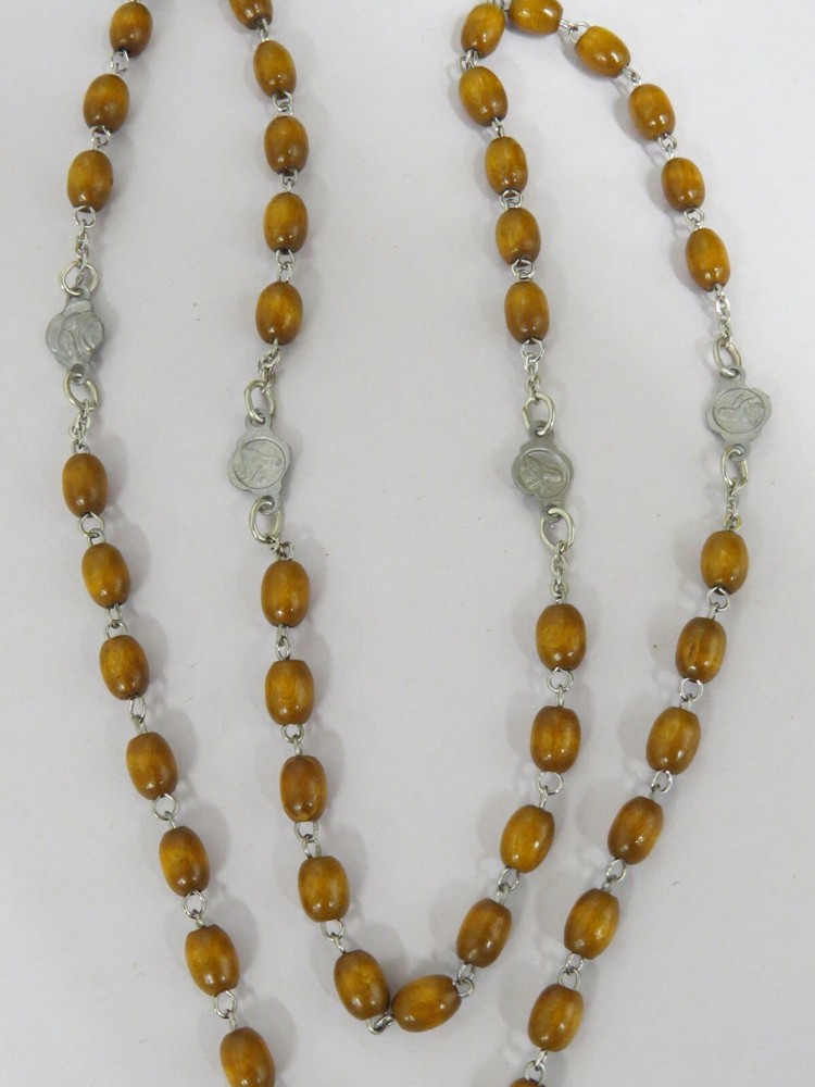 VTG Catholic St. Therese Ex Indumentis Wood Bead Five Decade Rosary