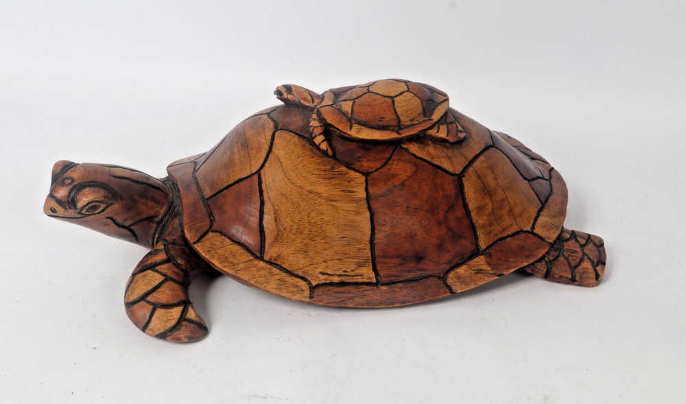 Vintage Large Hand Carved Solid Wood Turtle