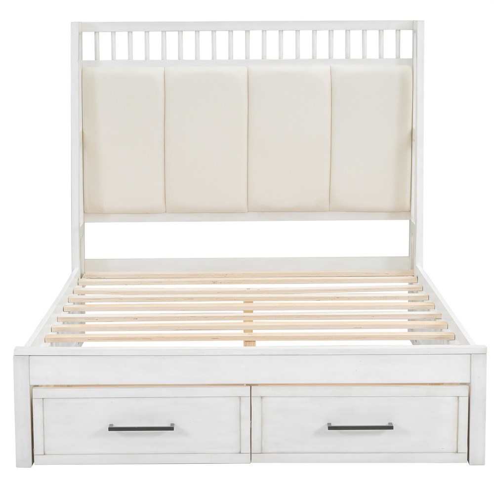 Full/Queen Size Bed Frame Upholstered Platform Bed Frame with 2 Drawers White