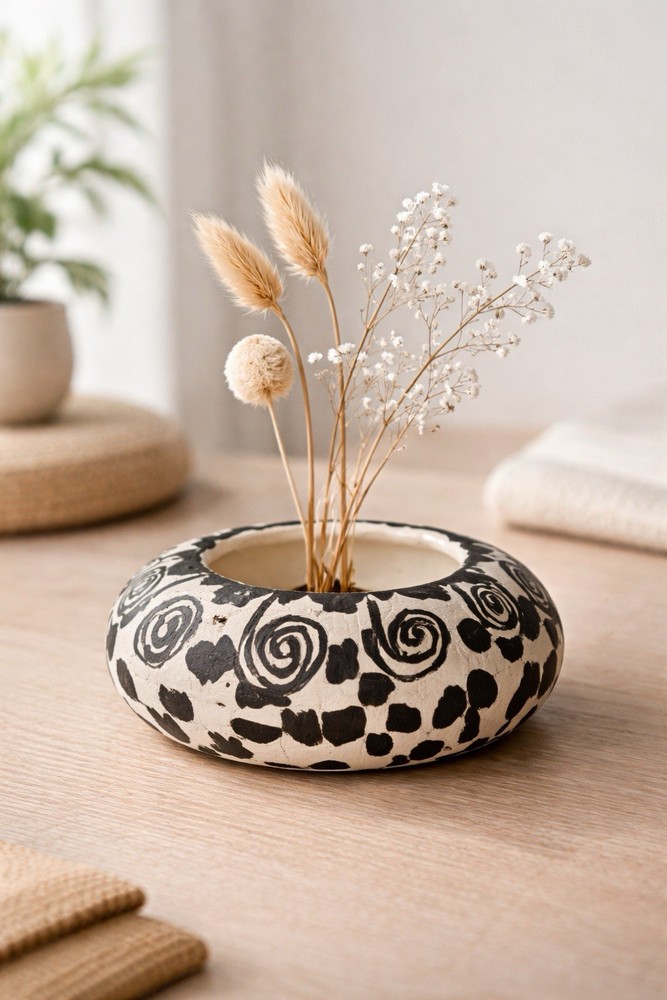 Krista Sandoval Handmade Signed Ceramic Vase Black White Abstract Pattern