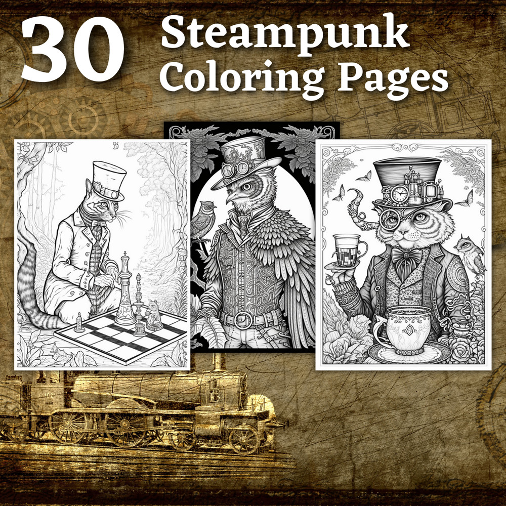 30 Steampunk Coloring Pages Printable & POD Permission