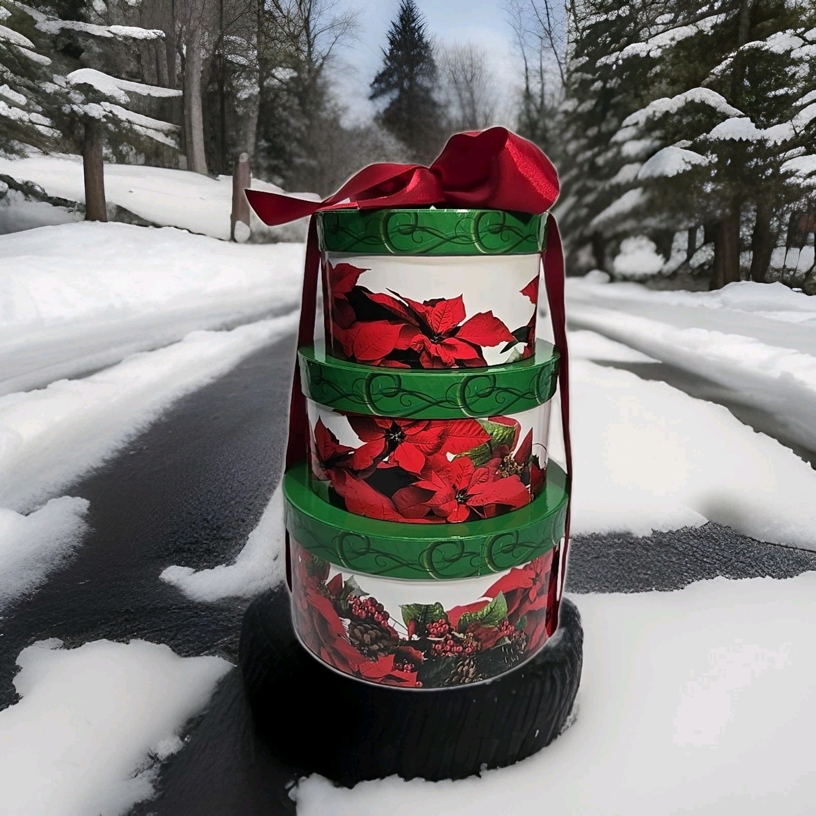 3 Christmas Nesting Gift Boxes Round Pointsettia Stackable Boxes Red Ribbon Tie