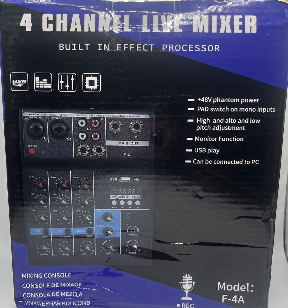 4 Channel Live Mixer Built In Effect Processor Model F-4A Audio Mix. OPEN BOX