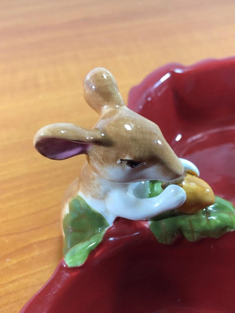 Ceramic 3 Section Nut Candy Serving Dish with Mouse Holding Acorn Maroon Color