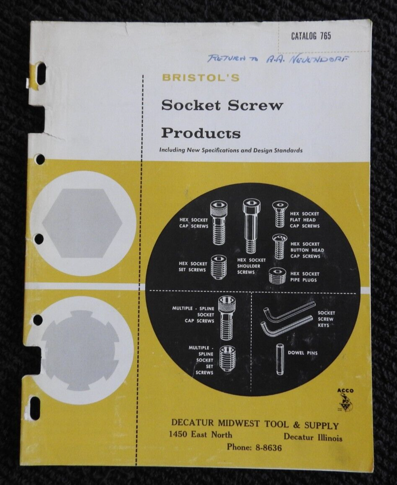 1965 Decatur Midwest Tool & Supply "Socket Cap Screw" Engineering Catalog IL