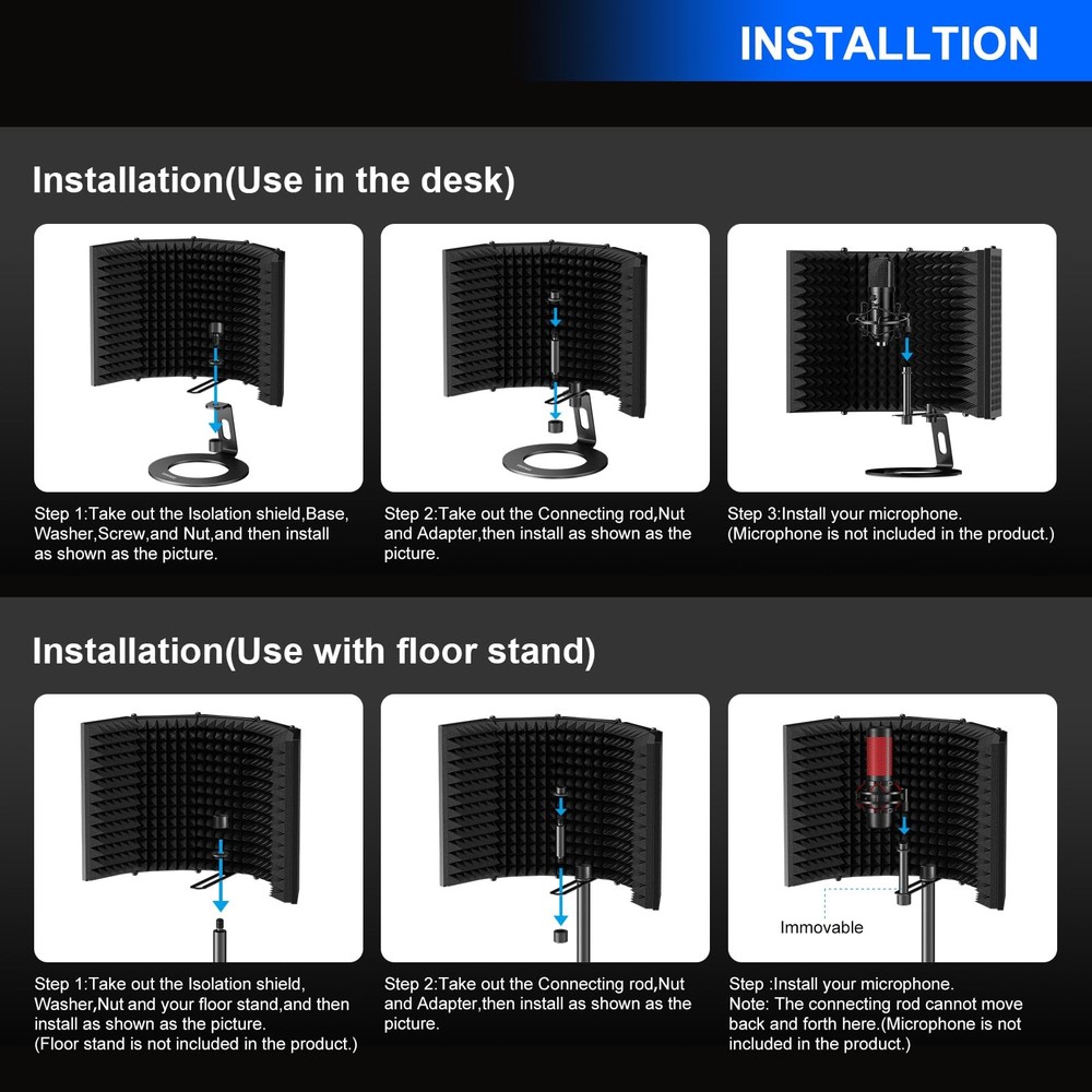 Microphone Isolation Shield, Foldable Mic Shield with Triple Sound Insulation, R