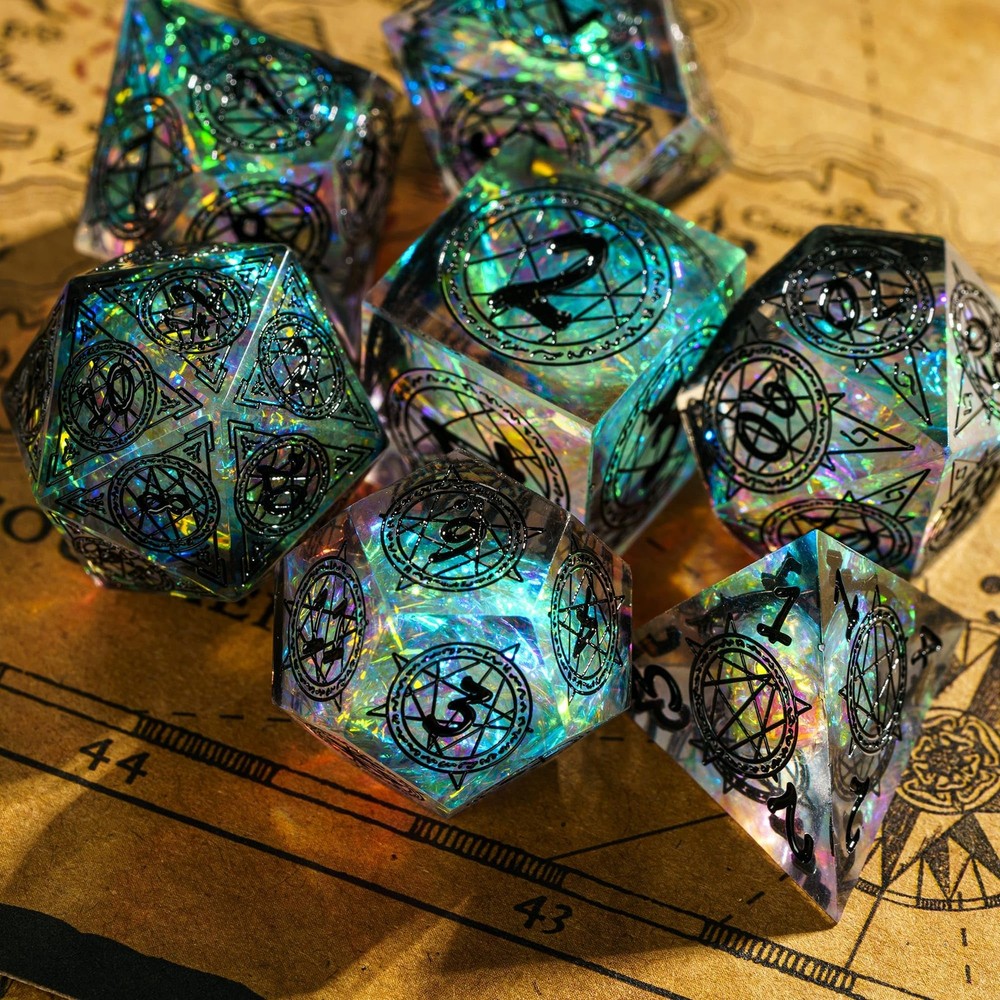 Cusdie 7-Die Sharp Edges DND Dice Set, Magic Circle Pattern Polyhedral D&D Dice