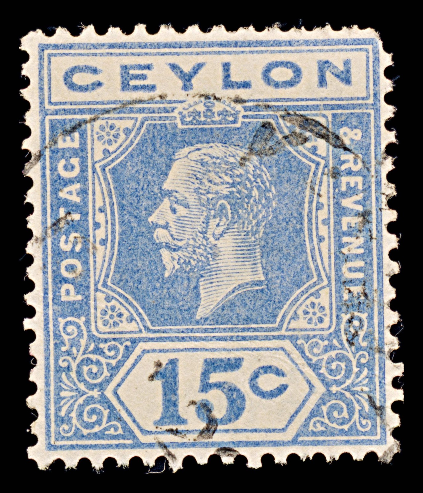 8113: Ceylon SG348 15c Blue 1922 Sc#235 Mi195 Used C£15