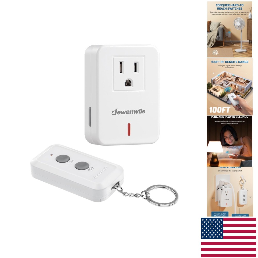 Indoor Wireless Power Switch with 100ft RF Range, Remote Control & Compact Size