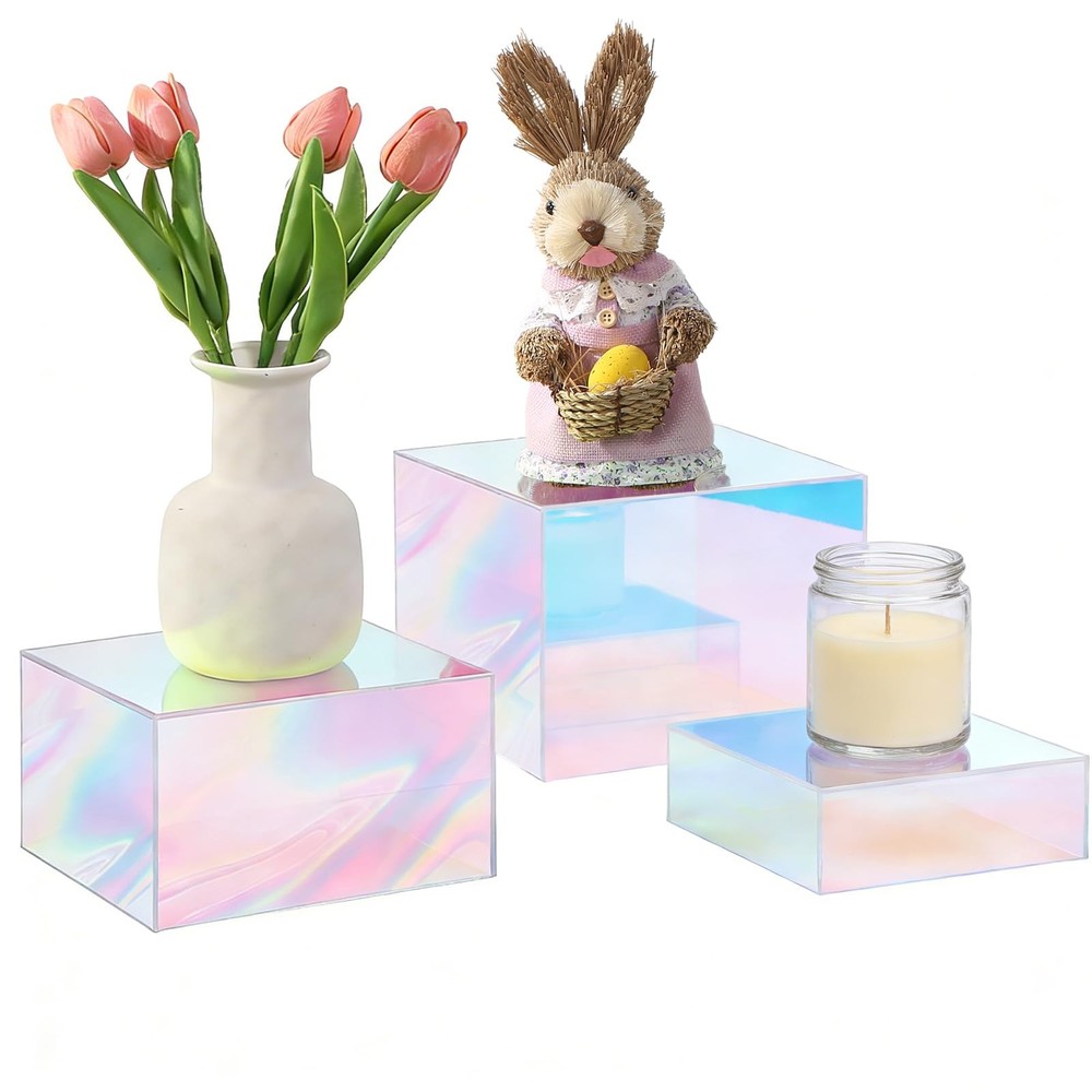 Iridescent Acrylic Cubes Display , 3pcs Stackable Risers Display Stands, Rain...