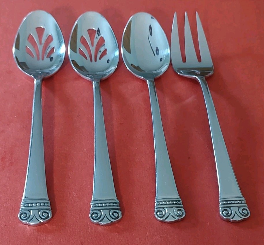 4pc Oneida 18/10 MELODIA Stainless SERVING FORK Pierced & Solid TABLE SPOONS