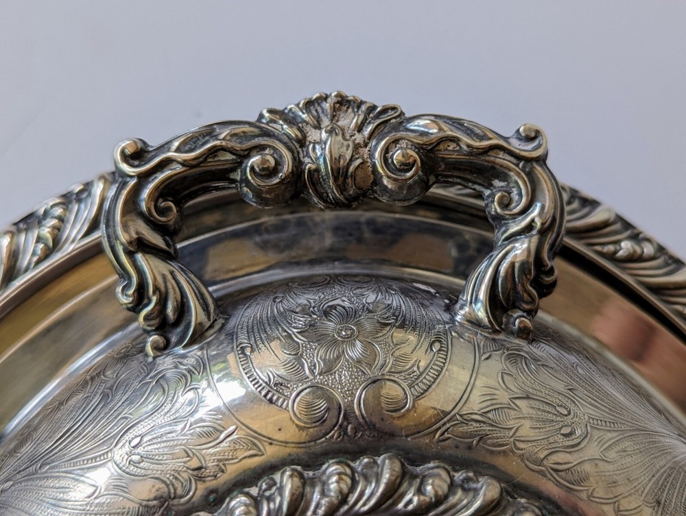 Barker Ellis England Antique Silverplate Lidded Dish Engraved Flowers Rococo