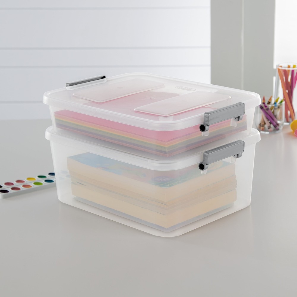 (4 pack) Sterilite 6.2 Quart Modular Latch Box, Clear Plastic Storage Box, Gray