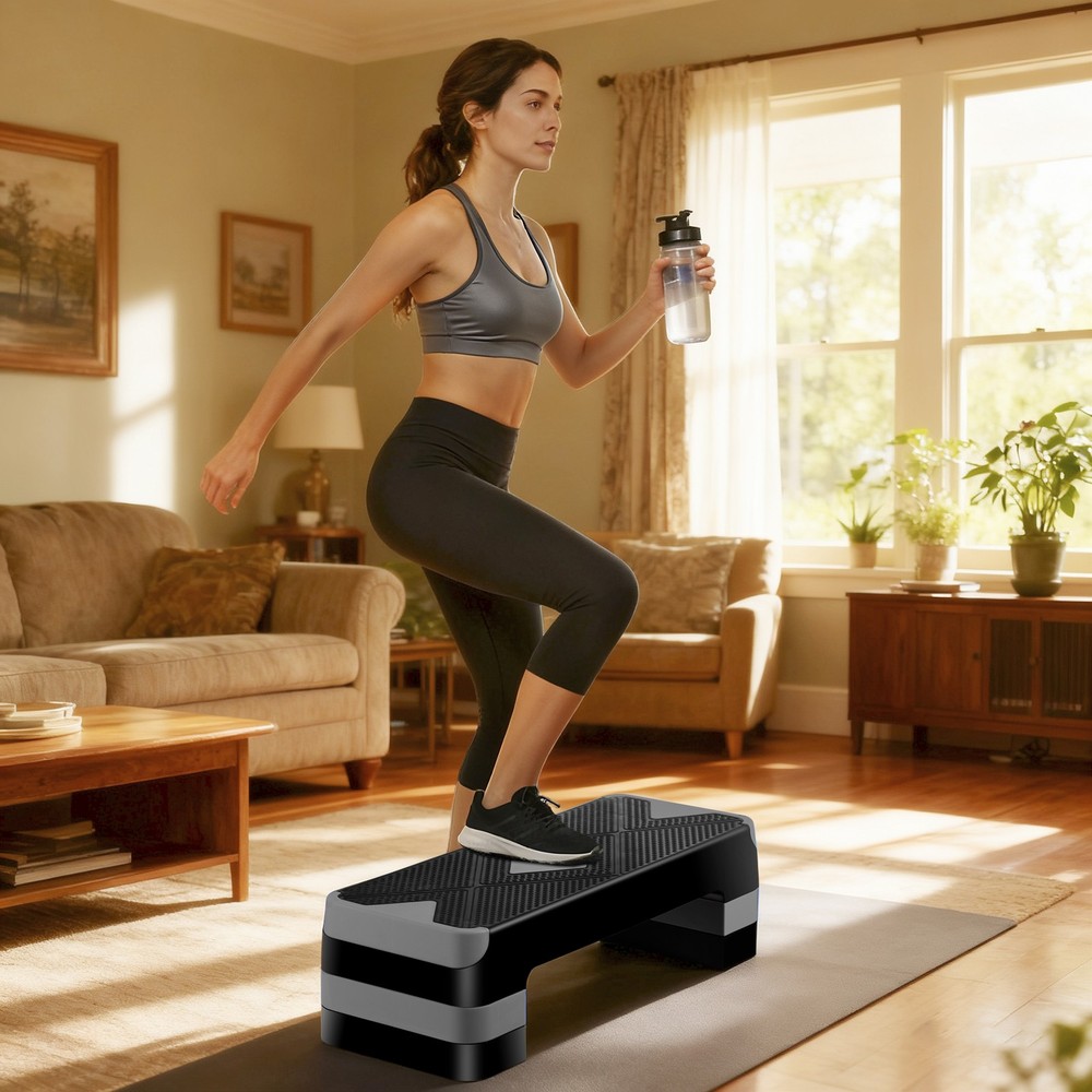 Aerobic Step Platform Exercise Step Adjustable Height 4"-6''-8' w/4 Risers Grey