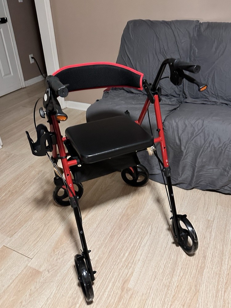 Unicon Adjustable Rollator Walker 4-Wheel Red Black Backrest Foldaway Compact