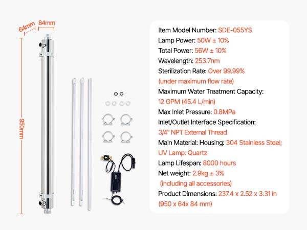 VEVOR 110V 55W UV Water Purifier 12GPM Ultraviolet Water Purifier Filter