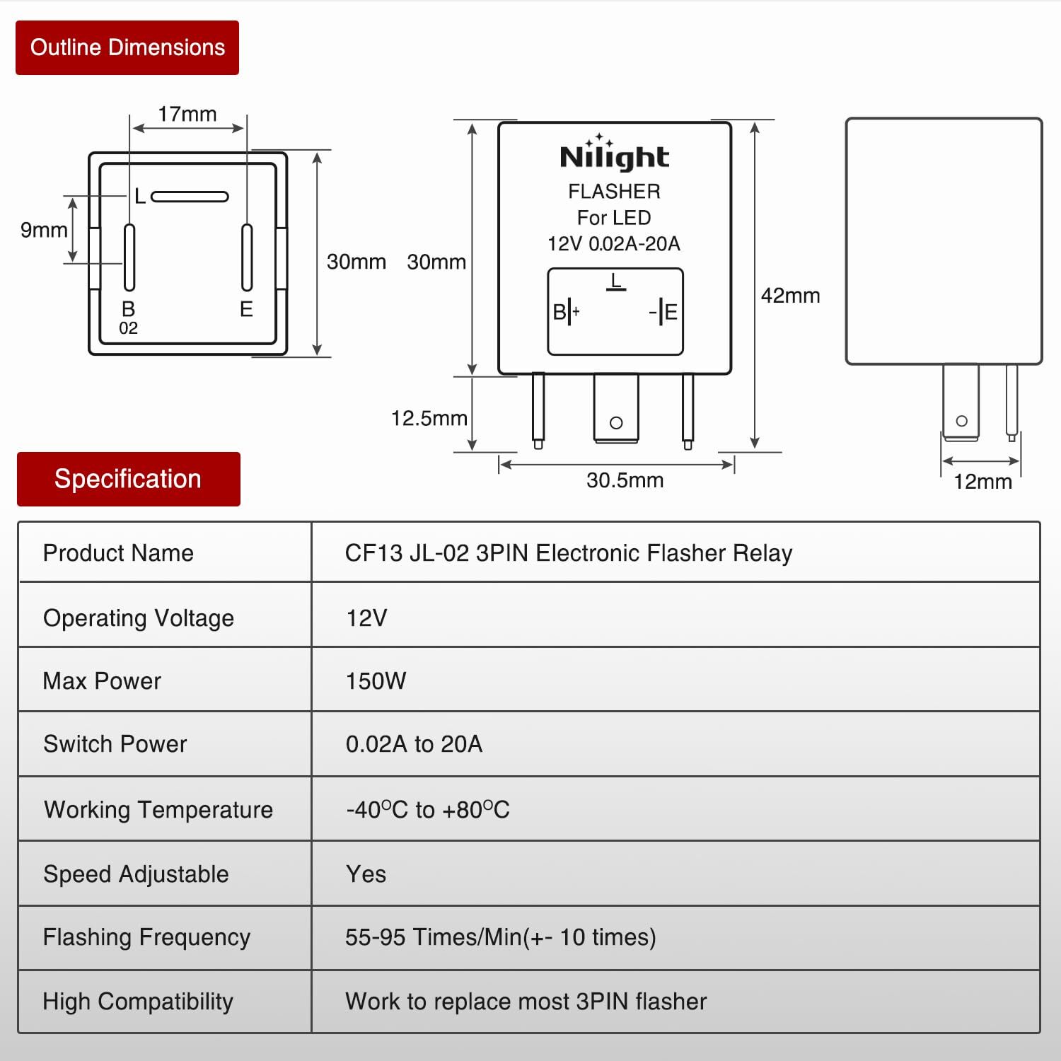 Nilight 4PCS Flasher Relay Adjustable 3 Pin CF13 JL-02 Electronic Blinker Relay