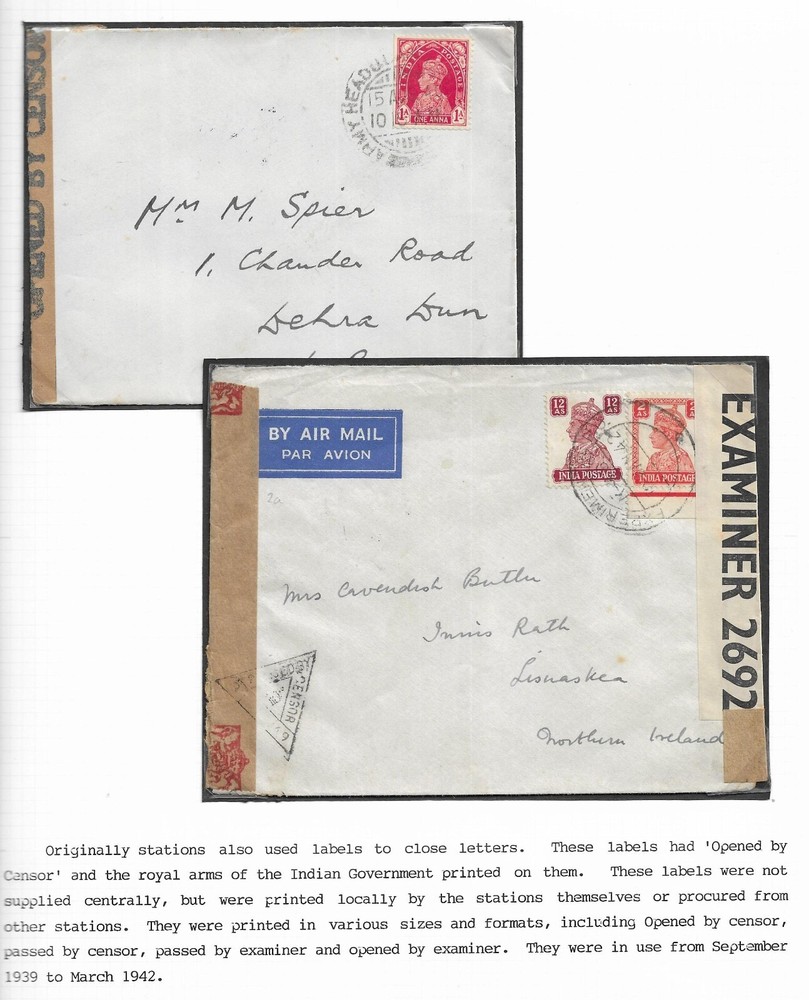India 1940's Censored Covers (2) Local Censor Labels