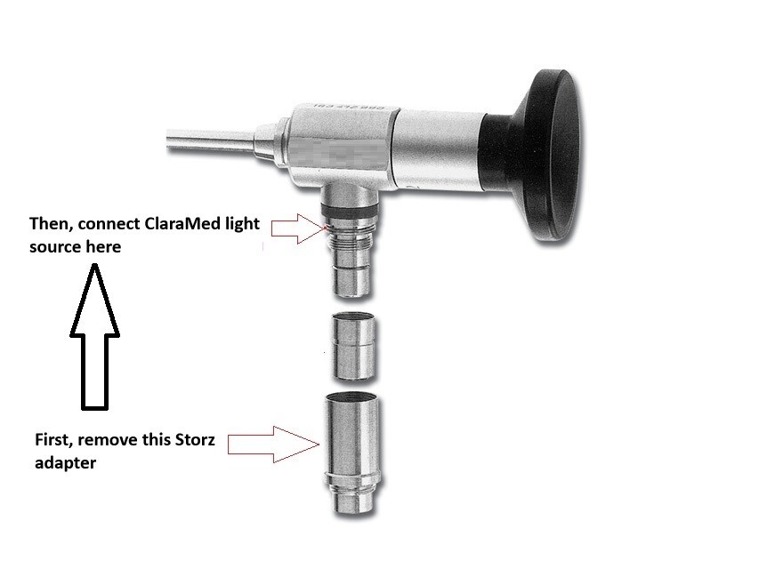 ClaraMed phone endoscope adapter with LED light source, Storz compatible. S1