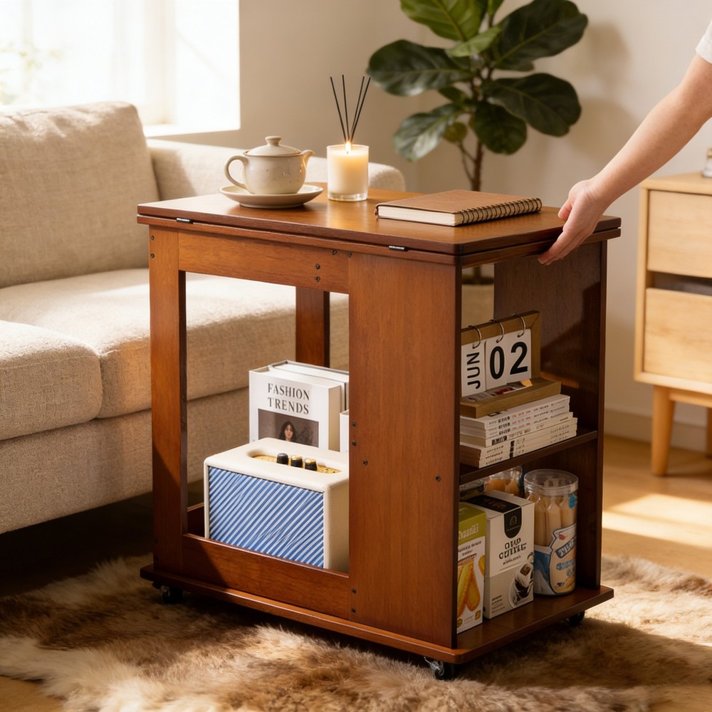 Bamboo folding edge table with movable storage, foldable tabletop suitable for