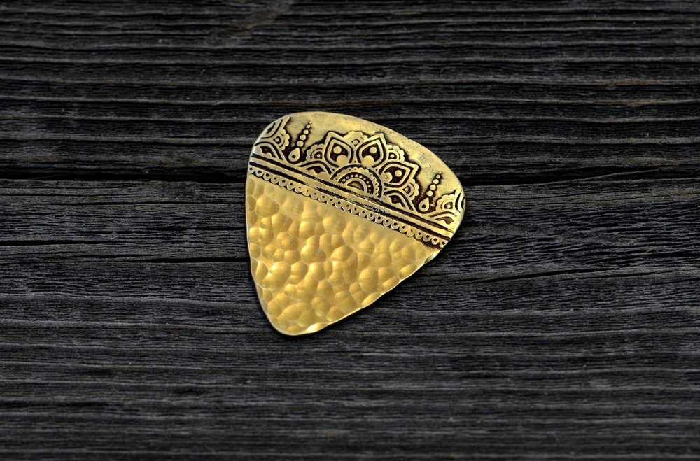 Bronze mandala mendhi guitar pick with sparkling hammered texture - handmade
