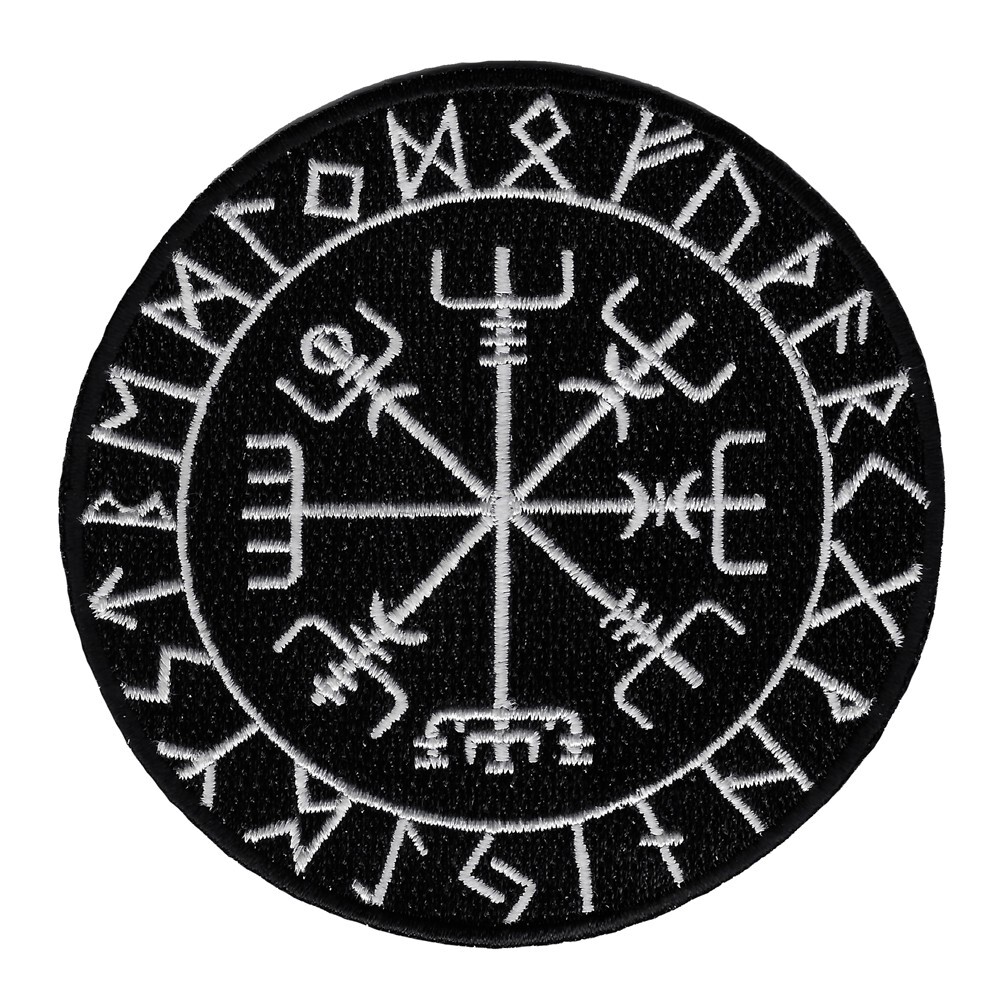 VIKING COMPASS PATCH Vegvisir IRON-ON EMBROIDERED ICELANDIC NORSE RUNE - WHITE