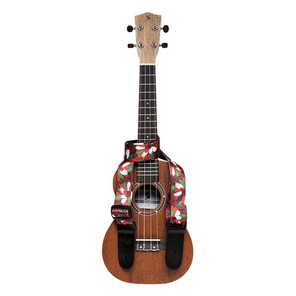 Stagg STE UKEFLOW RED Terylene Uke Ukulele Strap w/ Red & Green Flower Pattern