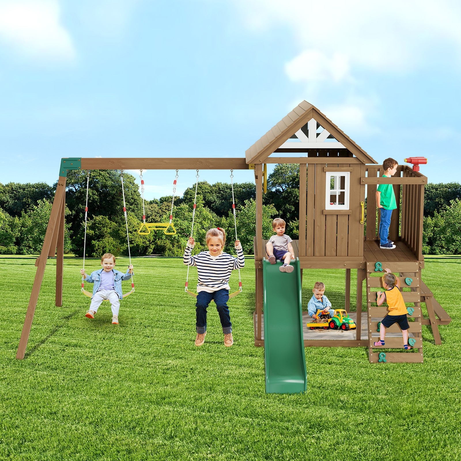 Wooden Swing Set 9 IN 1 Outdoor Playground Sets 6 FT Slide Upper Fort