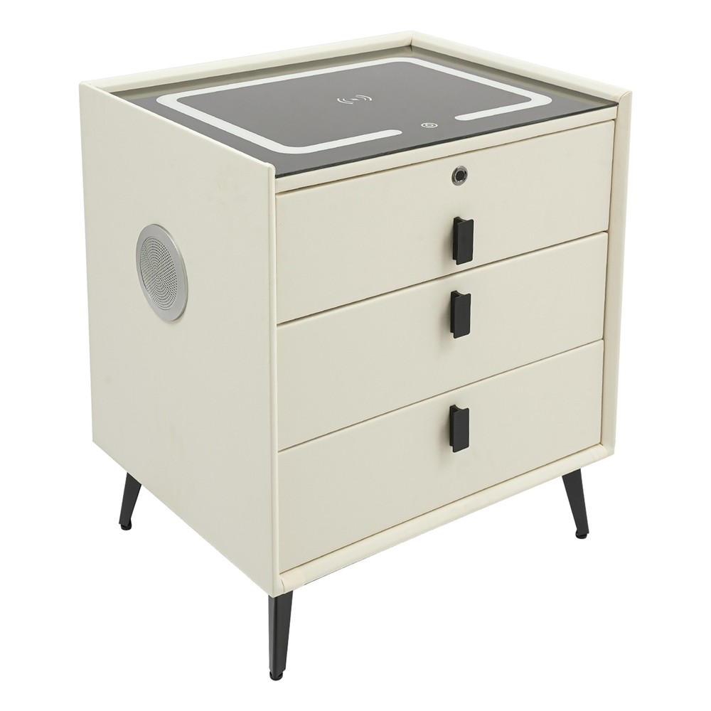Bluetooth Nightstand Fingerprint Locking Drawer Wireless Charging 3 Color LED