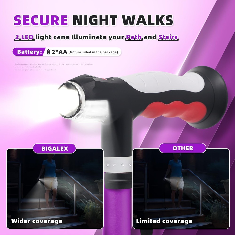 Folding Walking Cane with Two Led Lights for Elderly Solid Base Adjustable Walki