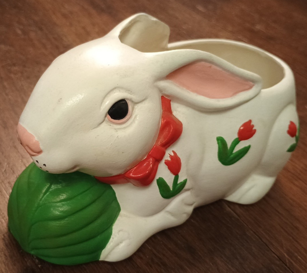 Vtg Hand Painted White 3D Rabbit w Cabbage Tulips Easter Spring Ceramic Planter