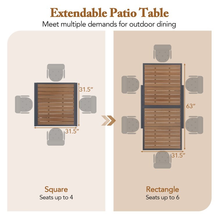 31.5-63" Patio Outdoor Dining Table Rectangular Extendable Table for 4-6 People