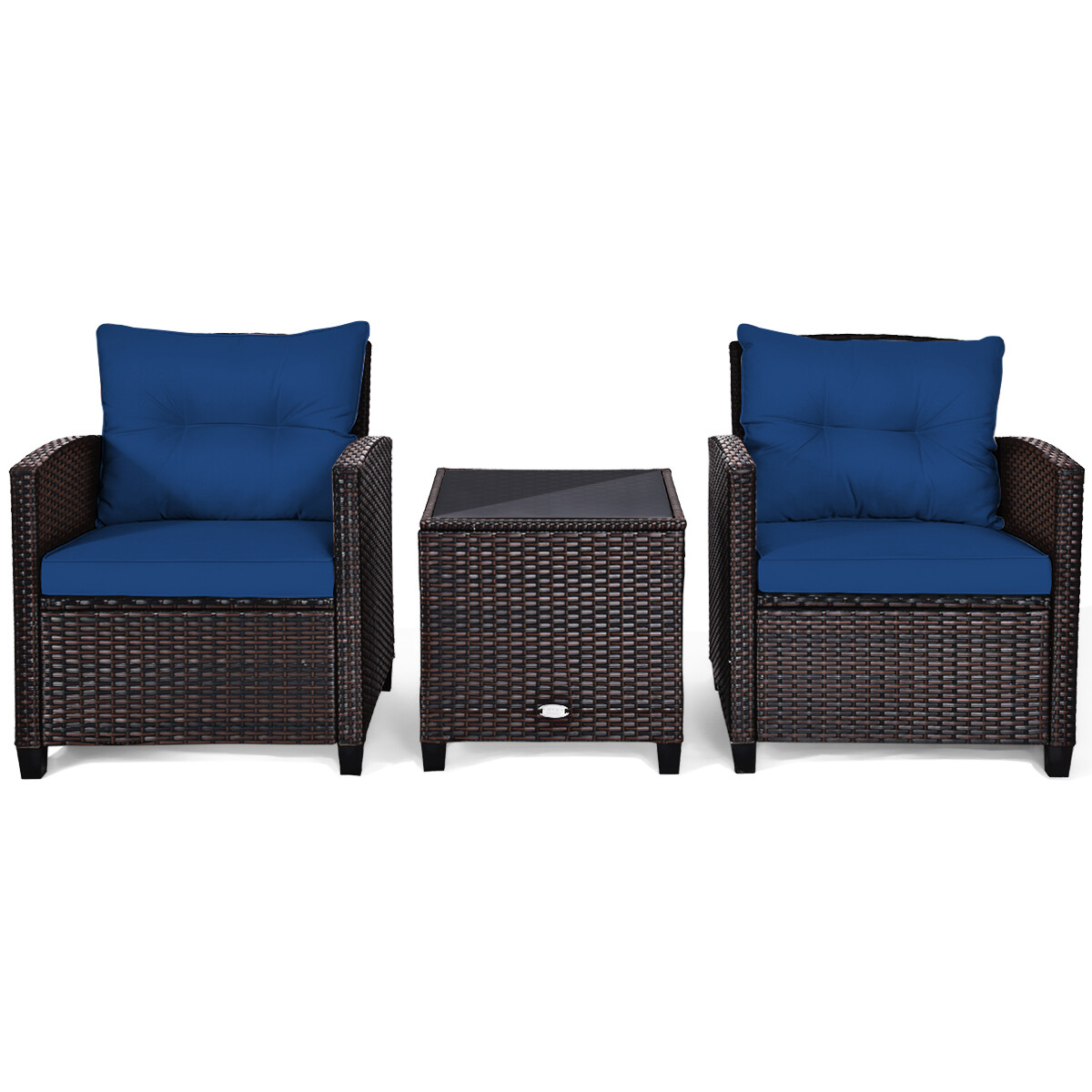 3PCS Patio Rattan Furniture Set Cushioned Conversation Set Coffee Table Navy
