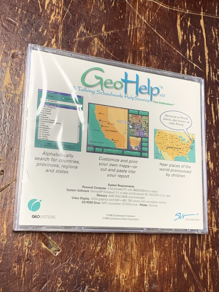 1998 GeoHelp - A Talking Schoolwork Help Source VTG. Computer Disc - Windows New