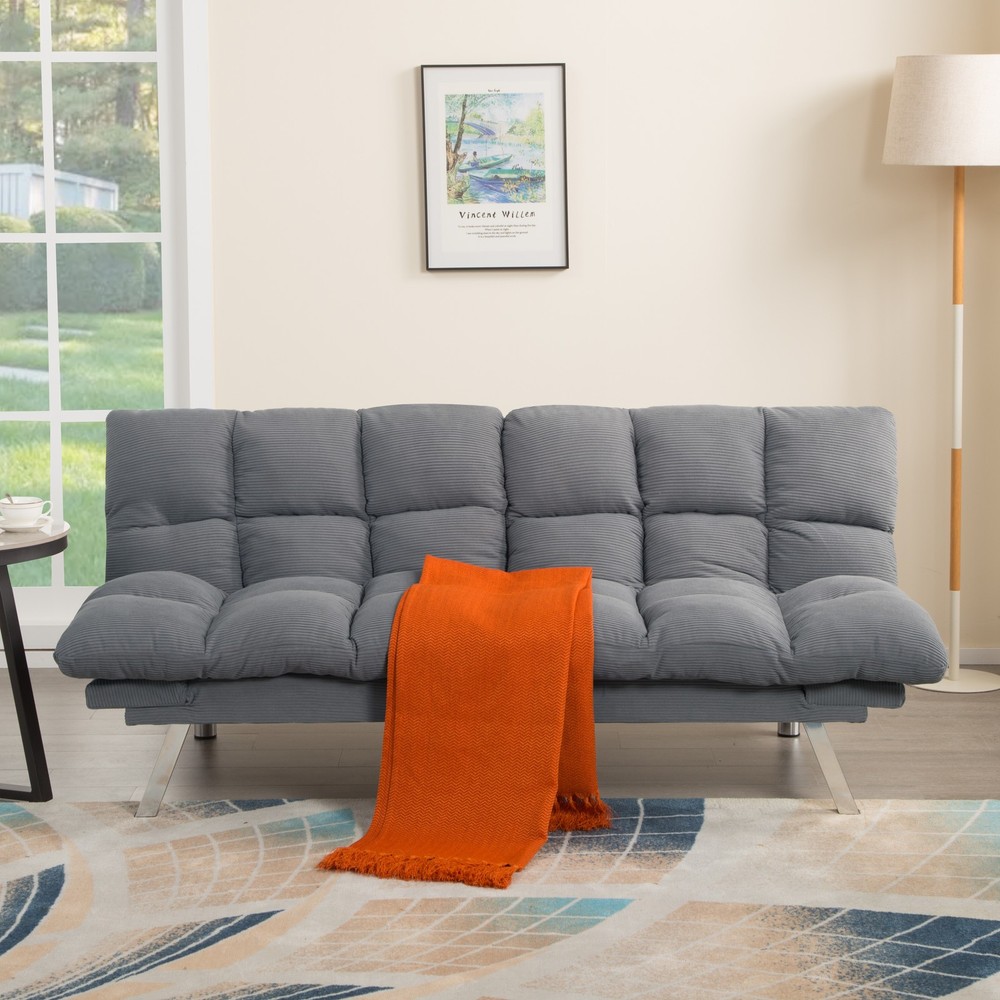 67.3" Gray Corduroy Futon Sofa Bed Adjustable Twin Sleeper Split Back Armrests