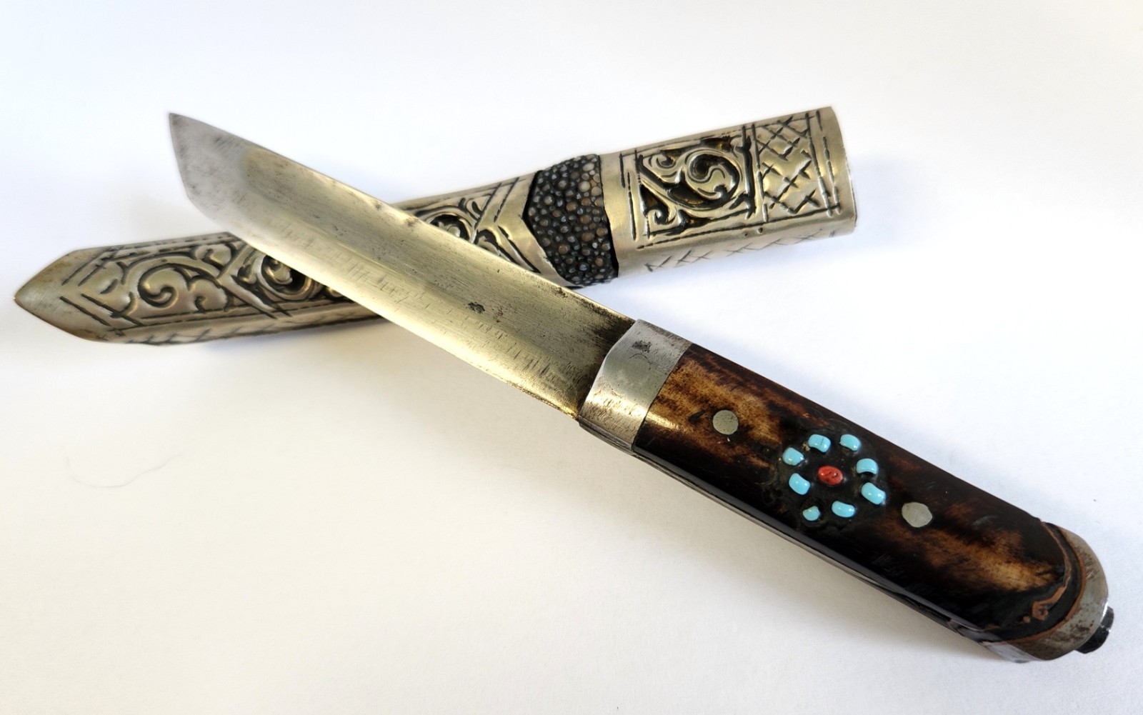 Antique Tibetan Himalayan Turquoise Knife & Sheath Tribal Nomad 6.5" Sheathed