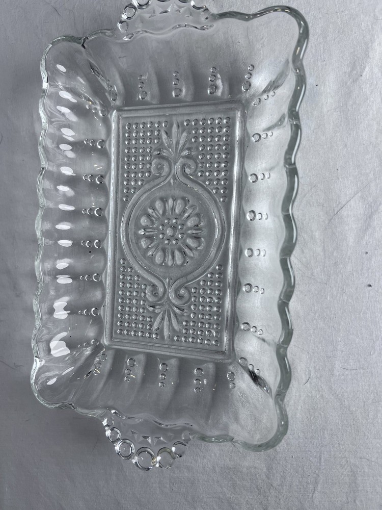 Vintage Clear Rectangular Cut Glass Decorative Candy Dish Platter Tray EUC