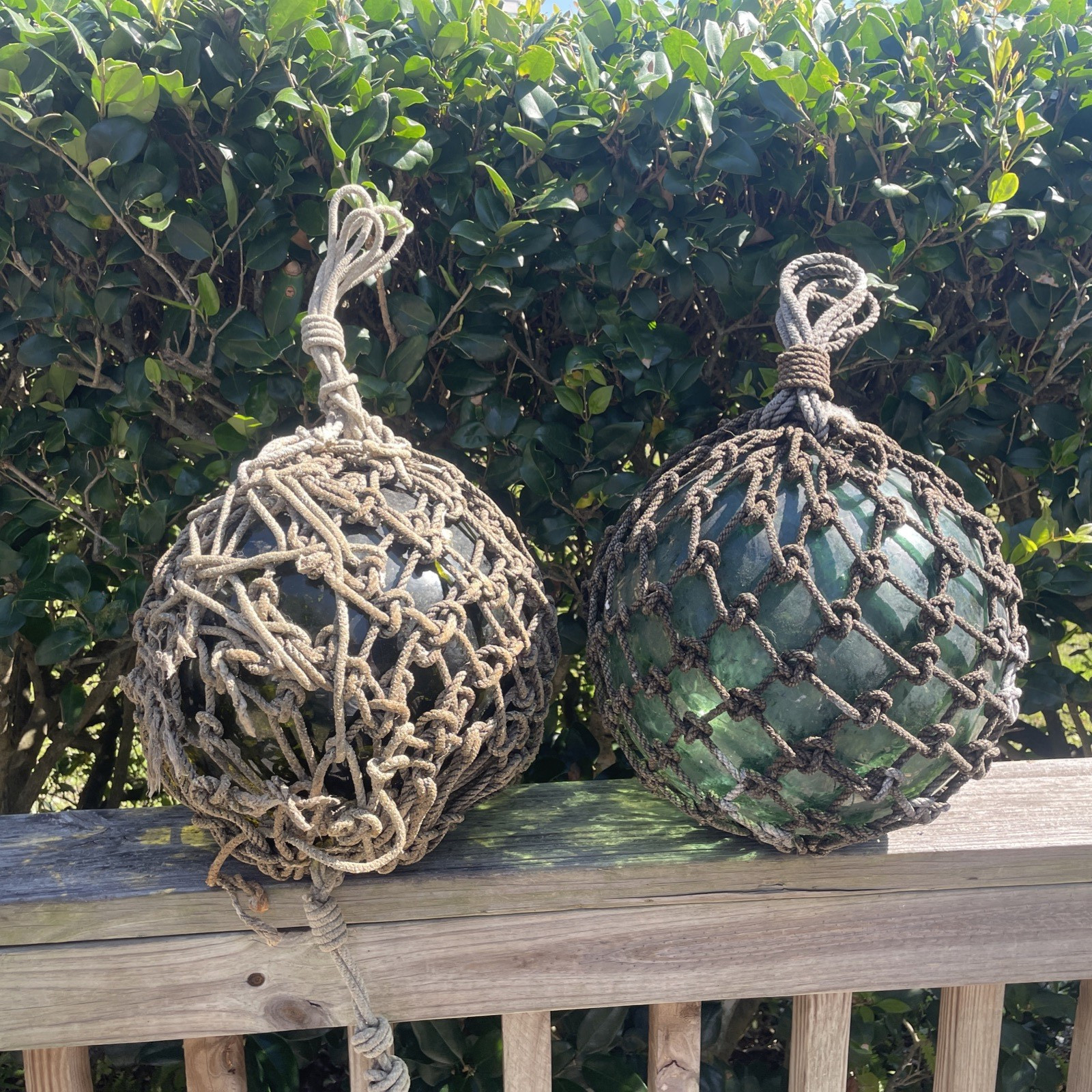 Japanese Large Glass Fishing Float Buoy Ball Net Vintage, Green