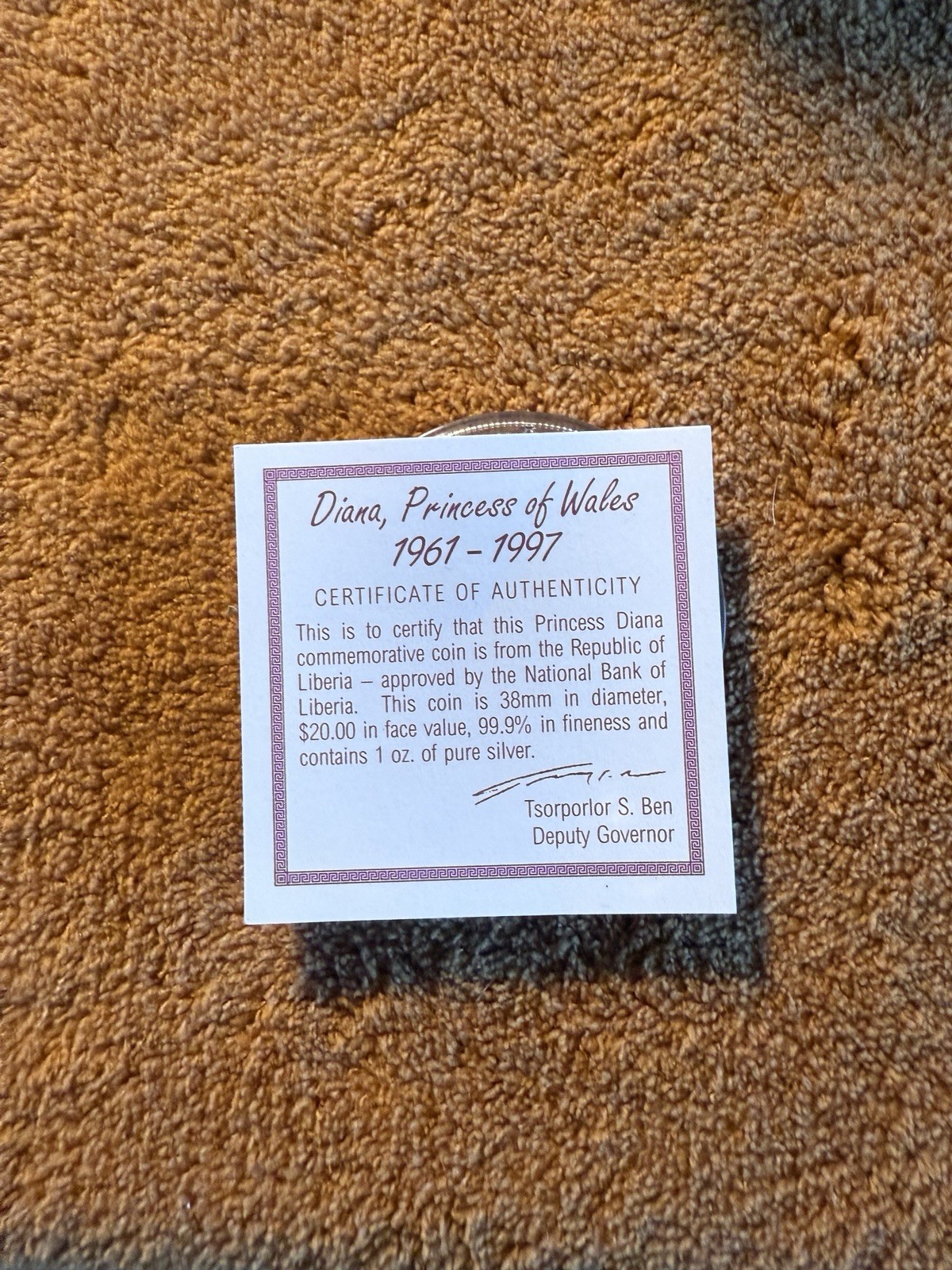 1997 Liberia $20 Dollars Princess Diana 1 OZ Silver 0.999 With Certificate