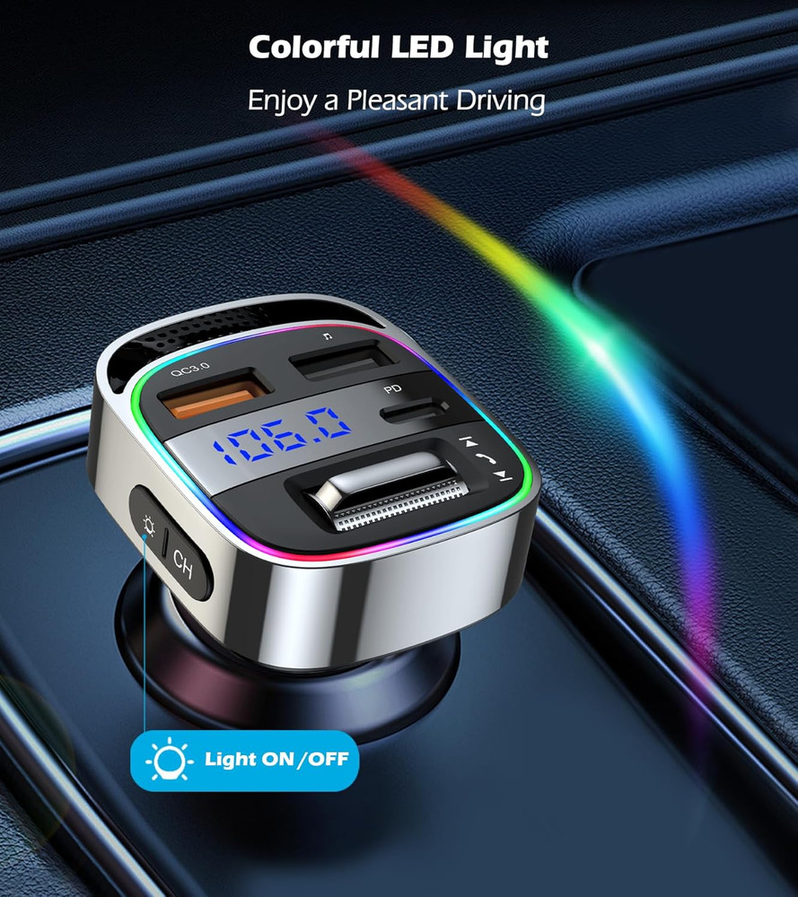 Bluetooth 5.4 FM Transmitter Car Adapter, 54W PD & QC3.0 Charger, Handsfree Call