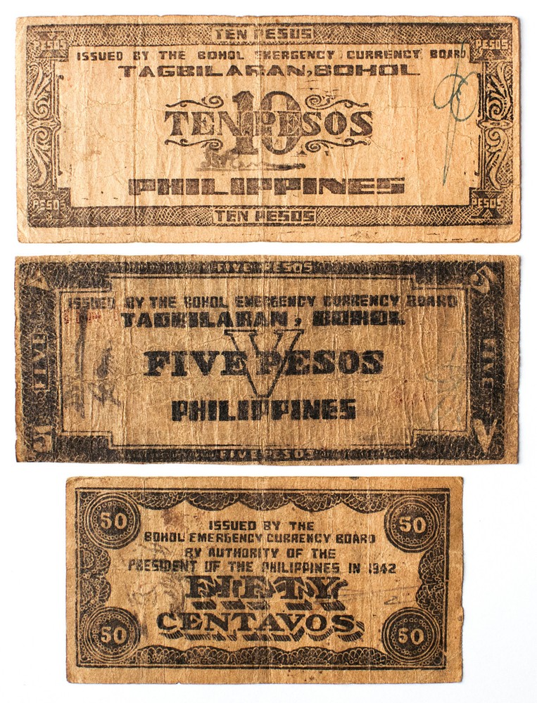 3 diff. Philippines WW2 Bohol guerrilla paper money circ.