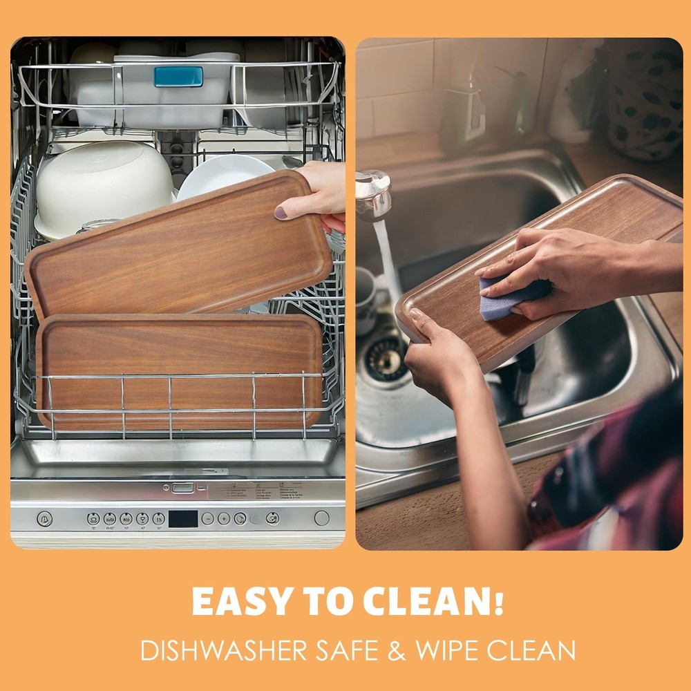 Solid Acacia Wood Serving Tray - 3 Pack, 14 x 5.5 Rectangular Wooden Serving Pla