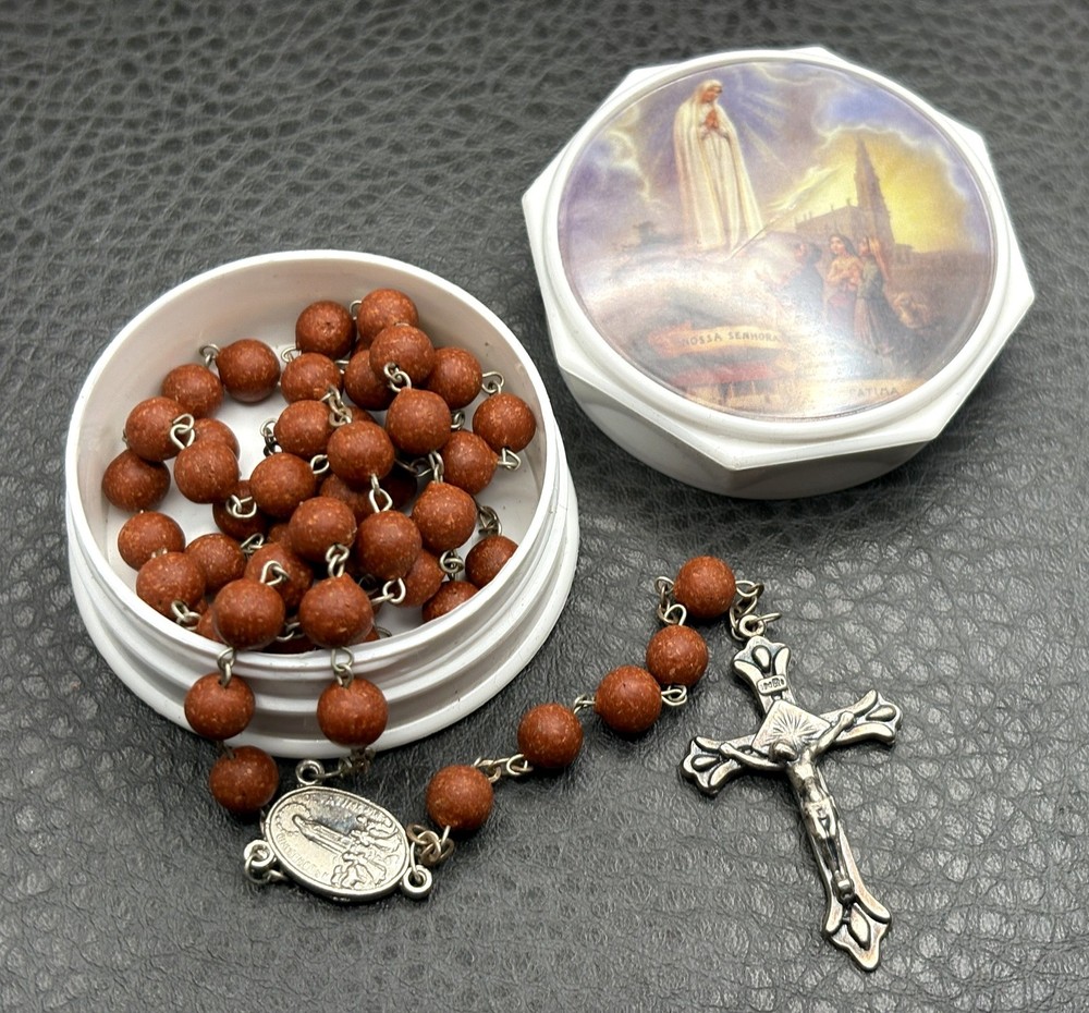 VTG Scented Rose Petal Bead Rosary Necklace Our Lady of Fatima Box Silver Tone