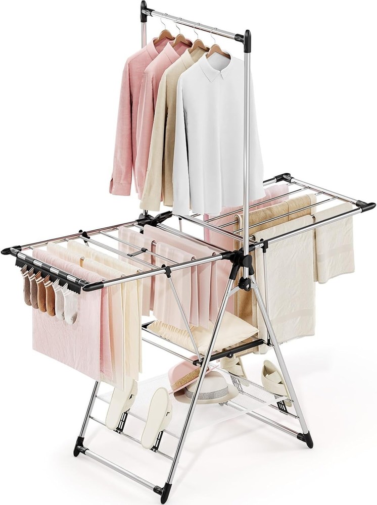 Spacious Foldable Clothes Drying Rack with Adjustable Height Silver - 3 Levels