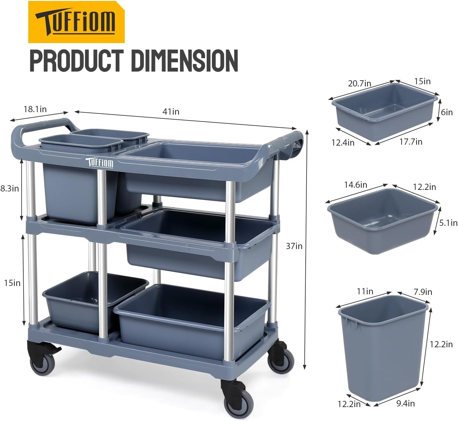 3-Tier Plastic Service Storage Utility Cart with Wheels and Large Storage Space