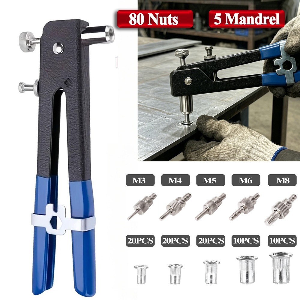 86pcs Ribbed Rivet Nut Tool Kit Flat Head Threaded Insert Gun Threaded Mandrels