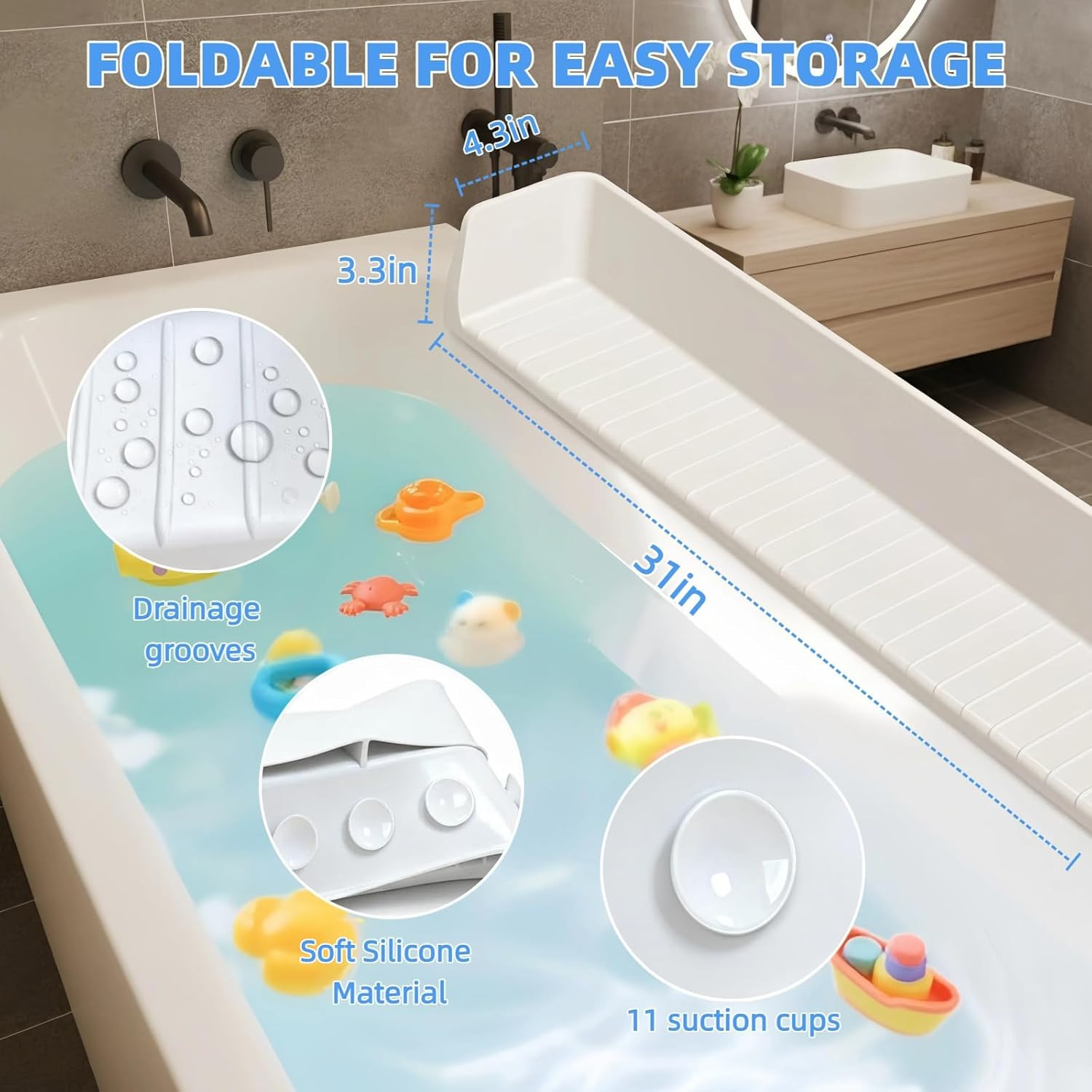 Bathtub Splash Guard with Suction Cups, Silicone Toy Tray for Kids (Grey)